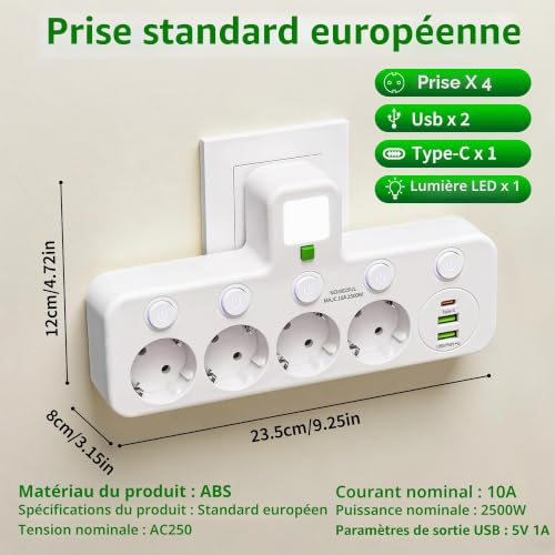 Power Strip with Individual Switch, 4 Sockets with USB and Night Light, 4 Mains Outlets + 1 Type-C + 2 USB Suitable for Home, Office, Phone, Portable