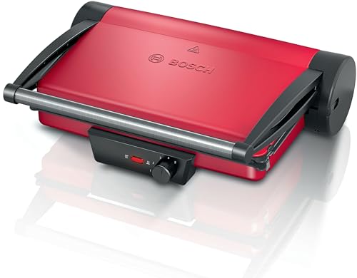 Bosch Tischgrill, elektrisch, 3-in1-Kontaktgrill, stufenloses Thermostat, Fettablaufrinne, herausnehmbare Aluminium-Grillplatten, einfache Reinigung, kompakt, 2000 W, rot, TCG4104