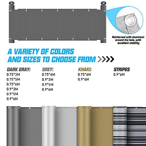 Balkon Sichtschutz, 0,75 x 6m Balkonabdeckung Balkonsichtschutz Balkonverkleidung blickdichte Windschutz und UV-Schutz, mit Ösen, Nylon Kabelbinder und Seil, 100% Schutz der Privatsphäre für Balkon