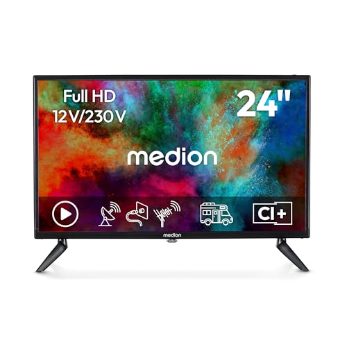 MEDION 59,9 cm (24 Zoll) Full HD Fernseher (integrierter DVD-Player, perfekt für Camping Wohnmobil LKW Garten, 12V KFZ Car-Adapter, Triple Tuner Recei