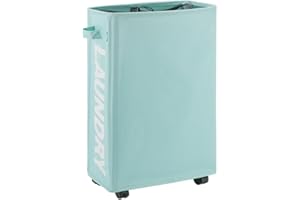 Maxsilan 25" Slim Rolling Laundry basket on Wheels, 50L Collapsible Narrow Corner Laundry Hamper, Foldable Storage Bins, Light Blue