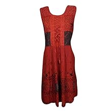 Mogul Interior Womens Sundress Red Embroidered Sleeveless Lace Up Beach Dresses M