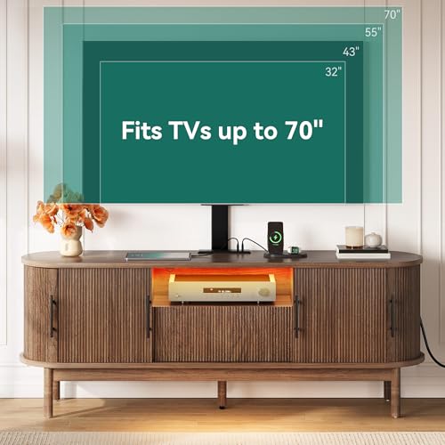 YITAHOME Fluted Curved TV Stand with Mount for 32-70 Inch TVs, Modern Entertainment Center with LED Lights & Power Outlets,Walnut