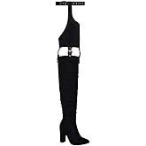 DETOGNI Women's Fashion Over The Knee Belted Pointed Toe Long Boots Sexy Buckle Strap Side Zipper Block Heels ​Thigh High Boots