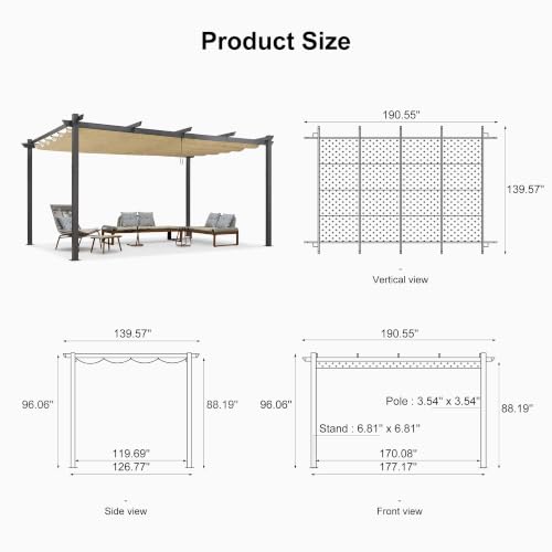 PURPLE LEAF 12' X 16' Outdoor Retractable Pergola with Sun Shade Canopy Patio Metal Shelter for Garden Porch Beach Pavilion Grill Gazebo Modern Yard Grape Trellis Pergola, Beige