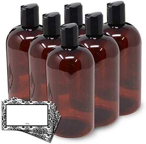 BAIRE BOTTLES - 16 OZ PLASTIC REFILLABLE BOTTLES with COLOR HAND-DISC CAPS - ORGANIZE Soap, Shampoo, Lotion with a Clean Look - PET, BPA Free - 6 Pack, BONUS 6 FLORAL LABELS