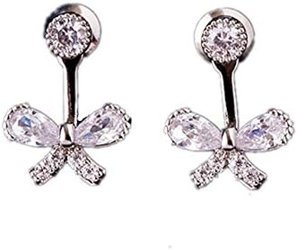 925 Sterling Silver Butterfly Bow Tie Zircon Ear Ring Jacket Fashion Stud Earring Front Back Double Used (Silver) (Silver)