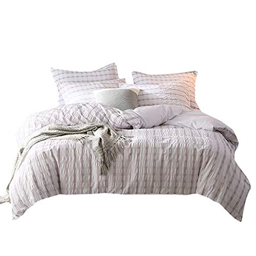 Lausonhouse Cotton Duvet Cover Set,100% Cotton Woven Seersucker Stripe Duvet Cover Set,3 Pieces Bedding Set - Queen - Linen - Thumbnail 7