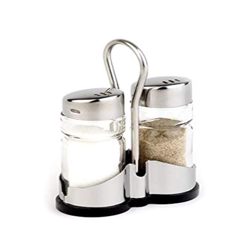 APS CF295 Salt and pepper menage ECONOMIC with stainless steel frame, glass shaker with stainless steel cover, 4 x 8 x 13 cm