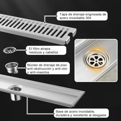 Drenaje de Piso Rectangular 10 * 60CM Coladera de Desagüe Baño Acero Inoxidable Coladera Regadera Lineal Rejilla de Desagüe para Cocina Anti-Obstrucción Drenaje de Ducha Suelo Filtro Agua Anti-Olor