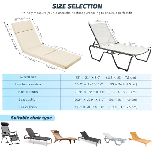 VOGVOG 2 Pack Outdoor Chaise Lounge Cushions 72"x21"x3", 4-Section Folding Patio Chair Pads with Ties, Waterproof Fade Resistant Replacement Cushion for Pool Deck Patio (Beige, 2 Pcs)