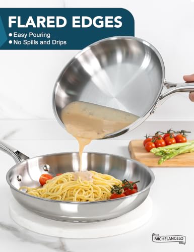 MICHELANGELO 18/10 Stainless Steel Frying Pan Set, 20/24/28cm Steel Frying Pans, Triply Base Stainless Steel Pans Set with Ergonomic Handle, Induction Compatible
