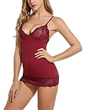 Avidlove Women Lingerie Lace Chemise Sleepwear Babydoll Set Mini Dress Dark Red XXL
