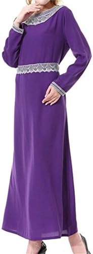 Domple Womens Muslim Kaftan Arabic Lace Print Round Neck Maxi Dress Purple S