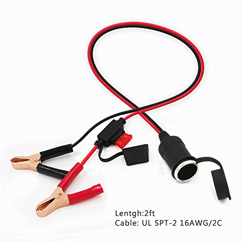 [2 Pack] KUNCAN Car Battery Clamp-on Extension Charge Cable - Female Car Cigarette Lighter Socket to Battery Alligator Crocodile Clips Connector with 10A Fuse 2FT 12V 24V - Thumbnail 3