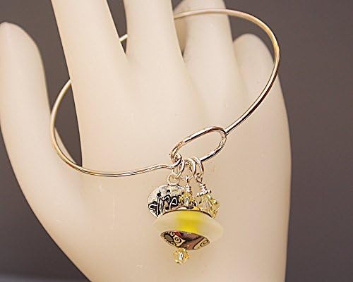 Sterling Silver Bangle Bracelet with Yellow Art Glass Bead and Dream Charm, Gift for Wife, Mother's Day Gifts