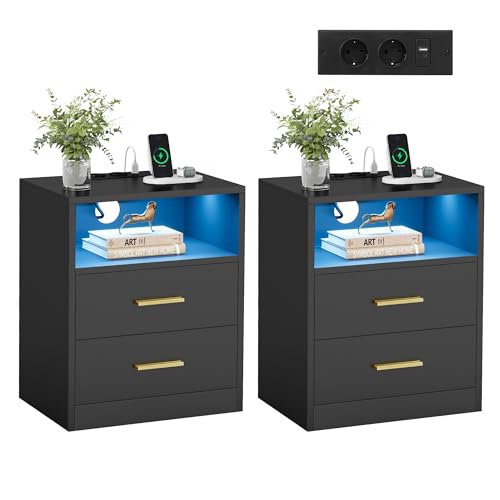 VASAGLE Nachttisch mit Ladestation, 2er Set, LED-Beleuchtung, Schubladen