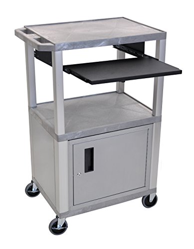Offex 42"H Multipurpose Electric A/V Cart with 3 Shelves, Cabinet and Pullout Shelf - Nickel