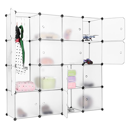 LANGRIA 16 Storage Cube Organizer Wardrobe Modular Closet Plastic Cabinet, Cubby Shelving Storage Drawer Unit, DIY Modular Bookcase Closet System with Doors for Clothes, Shoes, Toys (White)