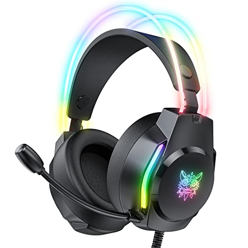 ONITOON Gaming Headset with Microphone, Gaming Headphones for PC Laptop PS4 PS5 Xbox Switch, Rainbow RGB Lighting & Virtual Surround Sound, 3.5mm Wired Over Ear Headphones, Ergonomic