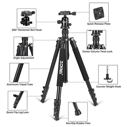 ZOMEI Q555 Kamera Stativ, 158cm Aluminium-Leichtbau Reisestativ, 2-in-1 Fotostativ und Makrostativ, mit 360° Panorama Kugelkopf und 1/4\