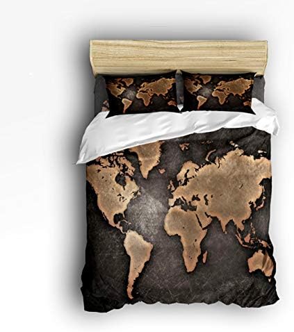 Flouky Simple Duvet Cover Set King Size,Retro Map of The World Oil Painting Design Bedding Sets,4 Piece Sets with 1 Comforter Cover+1 Bed Sheets+2 Pillow Case