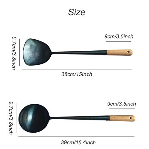 Traditional Hand Made Spatula and Ladle Set for Wok, Asian Stir Fry Cooking Utensil Set with Wooden Handle, Chinese Chuan and Hoak Set