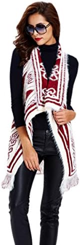 Women's Stripe Color Block Chic Sleeveless Kimono Tassel Cardigan - Red