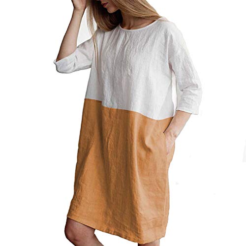 Helisopus Women's Cotton Linen Casual Simple T-Shirt Dress Soft Loose Patchwork Plus Size Three-Quarter Sleeves Dresses