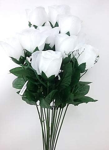 19" Rose Bud Bush Artificial Silk Wedding Craft Flowers Home Decor 14 Heads (White)
