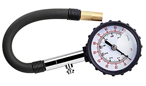 Click Here to See More Images Tire Pressure Gauge 100 psi Accurate Metal Body with Hose for Motorcycle Racing Bicycle Trucks (Black)
