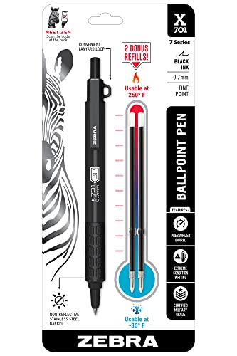 Zebra Pen X-701 Tactical Ballpoint Pen And Refills, Fine Point, 0.7mm, Black Ink, 1 Pen And 2 Refills (29811)