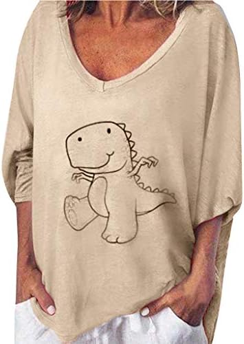 QueenMM🍀Women's Dinosaur Printed Cute T-Shirt Short Sleeve Loose Fit Casual Basic Blouse for Summer