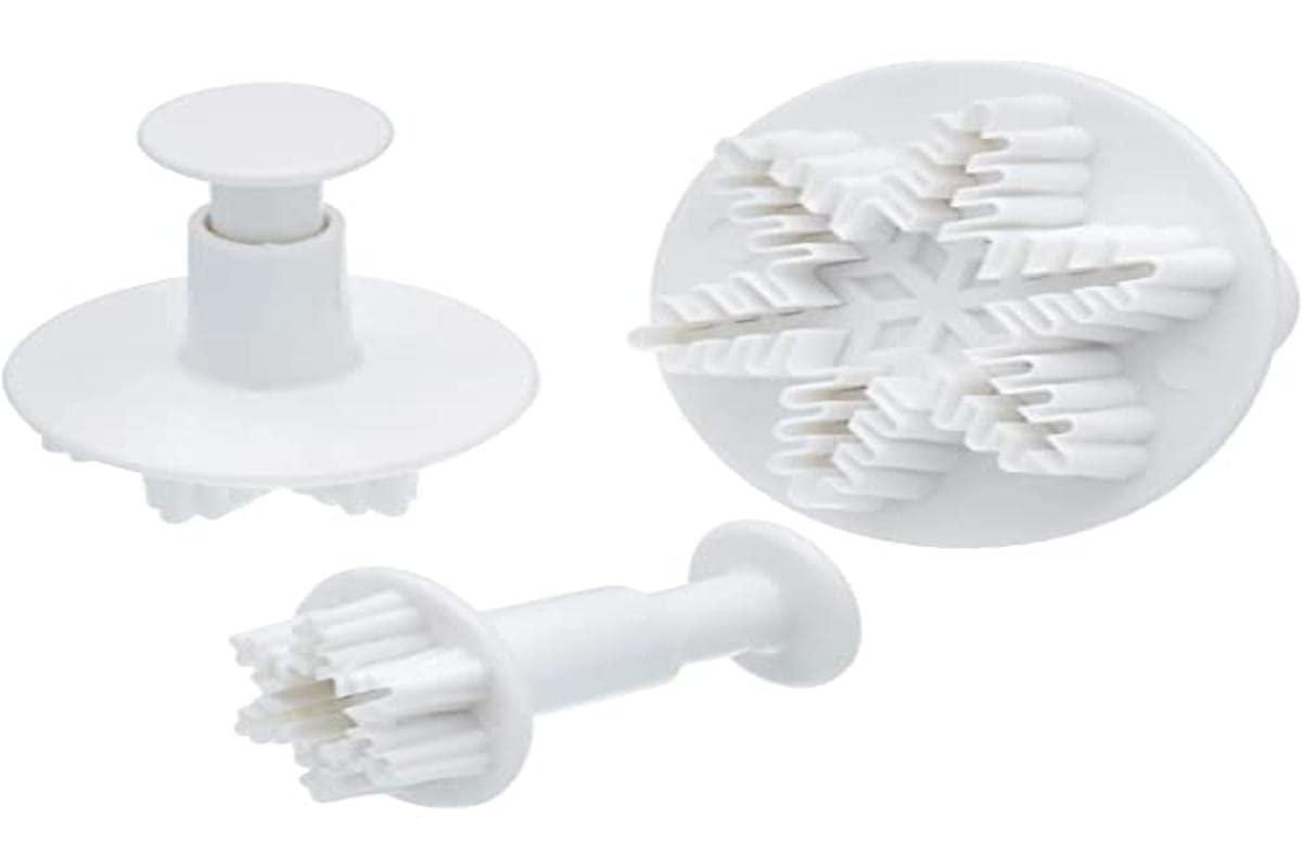 KitchenCraft Sweetly Does It Fondant Cutter Set, Christmas Snowflake Moulds, Plastic, Pack of 3 Icing/Fondant Plunger Cutters for Cake Decorating