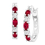 Finecraft 2 ct Created Ruby Hoop Earrings with Diamonds in Platinum-Plated Brass, .875-Inches