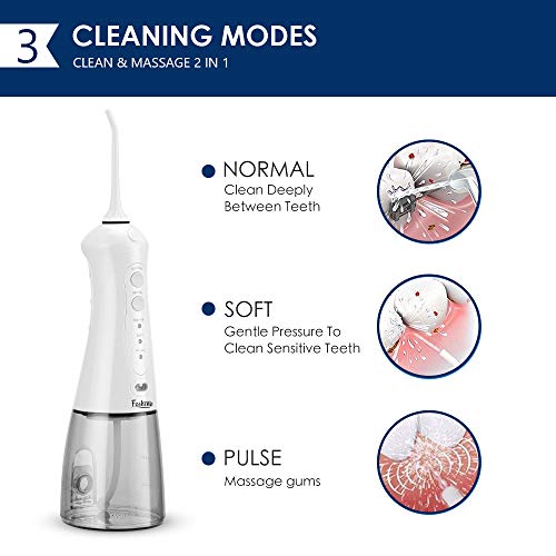 Cordless Water Flosser Foshine USB Rechargeable Oral Irrigator IPX7 Waterproof 3 Modes Water Dental Flosser with 300ml Water Reservoir and 3 Jet Tips for Brace and Teeth Whitening