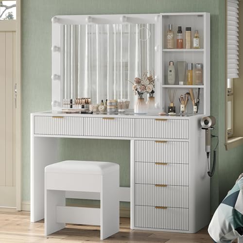Yanosaku 47" Fluted Vanity Desk with Mirror & LED Lights, 7-Drawer Makeup Vanity with Glass Top & Cabinet, Vanity with Chair & Charging Station, 3 Lighting Modes, for Bedroom, White