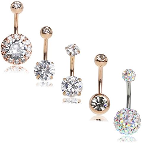 SkullParty 5PCS 14 Gauge Belly Button Rings Stainless Steel Cute Round CZ Ring Navel Rings Piercing Bars for Women Girls Summer Piercing - Rose Gold