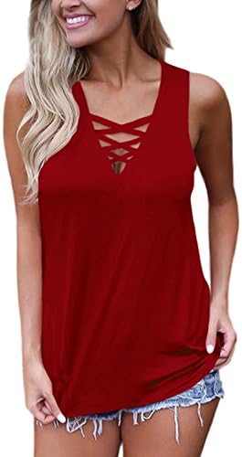 KABUEE Women's Sexy Deep V Neck Criss Cross Front Cami Tank Top Casual Sleeveless T Shirt Blouse (L, Wine Red)
