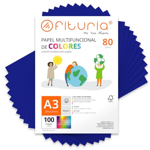 Coloured Sheets, Pack 100 Sheets A3 80 g – Coloured Paper for Crafts, Printer, Scrapbooking – Folios Colours – Ideal Origami, Papiroflexia, Office and School (Dark Blue, 100h)