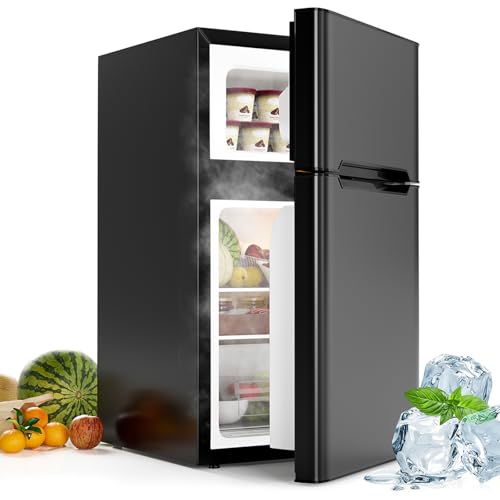 CHEFJOY 3.2 Cu.Ft Mini Fridge with Freezer, Compact Mini Refrigerator with 2 Reversible Doors, Adjustable Thermostat, Removable Glass Shelves, Low Noise Small Refrigerator for Office, Dorm (Black)