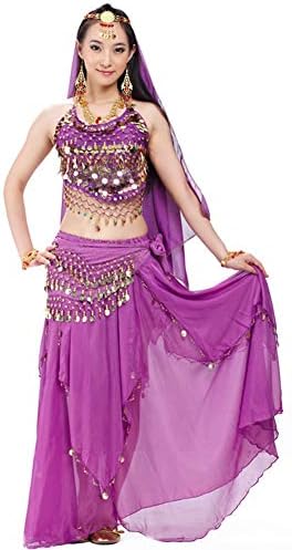 None Sleeve Set Belly Dance Set Head Chain+ Veil + Small Pepper Bra +128 Coin Waist Chain + Hanging Coin Long Skirt