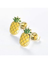 MASOP Sterling Silver Cute Pineapple Earrings Hypoallergenic Yellow Gold Plated Dangle Stud Earrings Summer Vocation Beach Party Jewelry