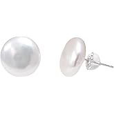 12 MM Large Freshwater Cultured Button Pearl Studs Earrings for Women, Sterling Silver Backing