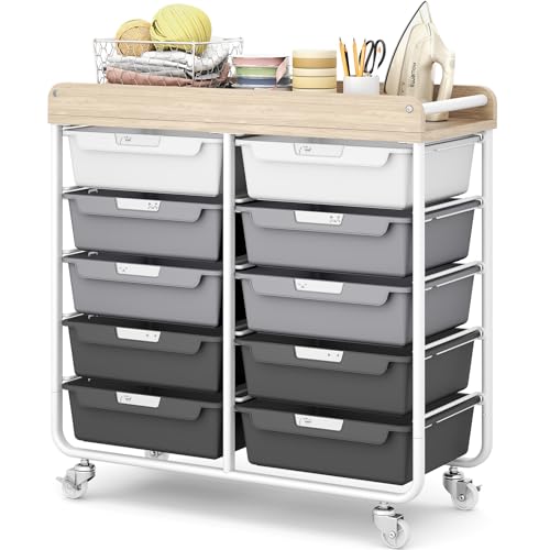 10 Drawers Rolling Cart with Wooden Tabletop, Utility Storage Cart with Wheels,…