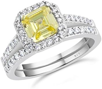 Sterling Silver Antique Style Canary Cubic Zirconia Engagement Ring Bridal Wedding Set