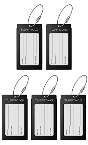 TUFFTAAG Personalized Luggage Tag Set w/ Business Card Holder - Customized Metal Suitcase Labels (5pk Black)