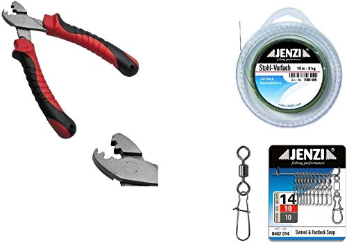 Vorfach Set 1 x Stahlvorfach 9kg, 10m ummantelt, 20 Quetschhülsen, 10 Karabiner mit Wirbel- Klemmhülsenzange & gratis Petri Heil! Aufkleber