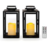 Outdoor Flameless Black Candle Lanterns, Glass Paneled, 11" Height, Warm White LEDs, Remote &amp; Batteries Included - Set of 2
