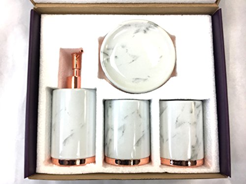 WPM 4 Piece Bathroom Accessory Set. Marble look with rose gold trim French Provincial Bath Gift Set includes liquid soap/lotion dispenser, toothbrush holder, tumbler, and soap dish.